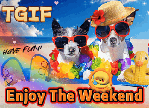 Dogs On Beach In Sunglasses Hats Saying Enjoy Weekend GIF