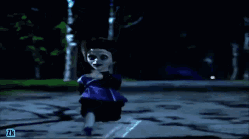Doll in Purple Dress Running Down Street at Night