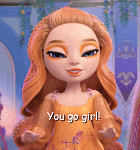 Doll Saying You Go Girl in Orange Dress
