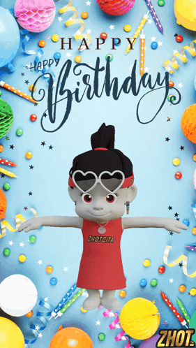 Doll Wearing Heart Sunglasses Happy Birthday Card
