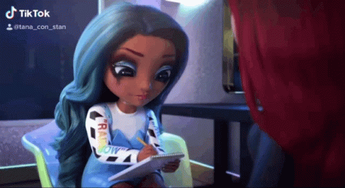Doll With Blue Hair Holding Notebook And Pencil GIF