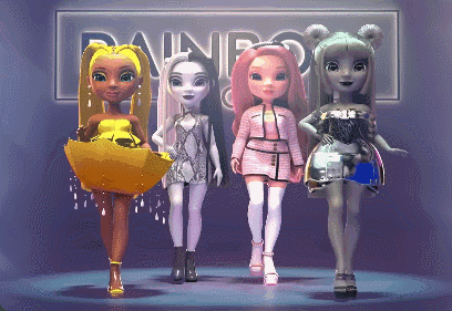 Dolls in Front of Rainbow Sign