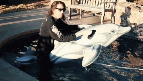 Riding An Inflatable Dolphin GIF