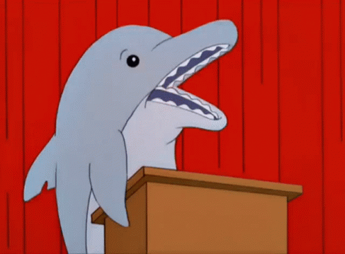 Animated Dolphin Speaking On A Podium GIF