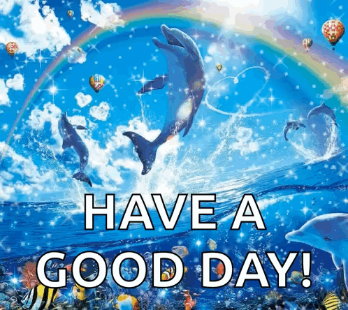 Dolphins Are Jumping In The Ocean With A Rainbow In The Background And The Words Have A Good Day GIF