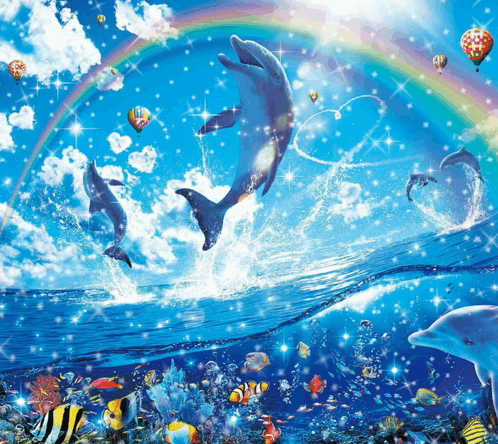 Dolphins Are Jumping Out Of The Water With A Rainbow In The Sky GIF