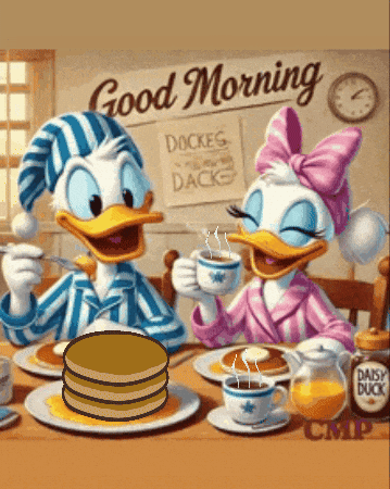 Donald Duck And Daisy Duck Sitting At A Table With Pancakes And Coffee GIF