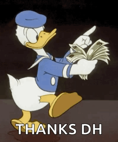 Donald Duck Is Holding A Bunch Of Money In His Hands And Pointing . GIF