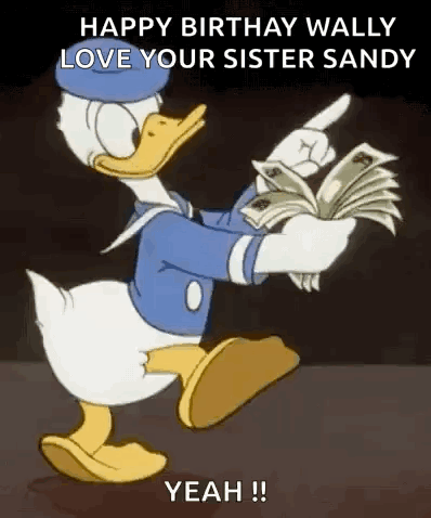 Donald Duck Is Holding A Pile Of Money And Pointing At It . GIF