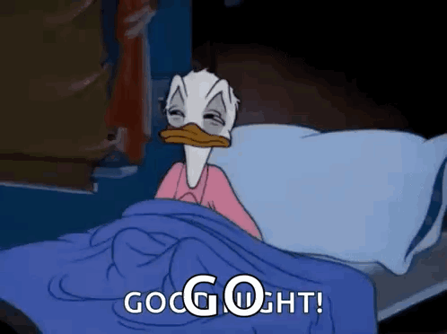 donald duck is laying in bed with his eyes closed and the words `` good night '' written on it .
