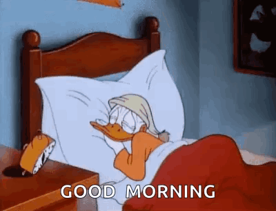 Donald Duck Is Sleeping In A Bed With The Words `` Good Morning '' Written On The Bottom . GIF