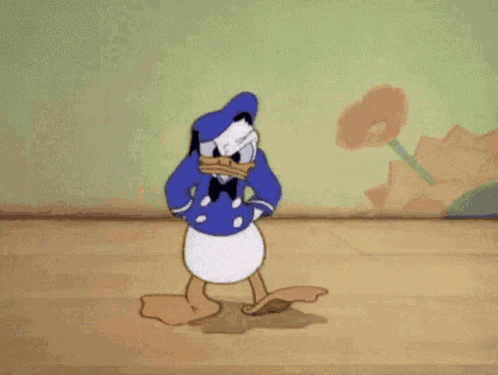 Donald Duck Is Standing On A Wooden Floor In A Room GIF