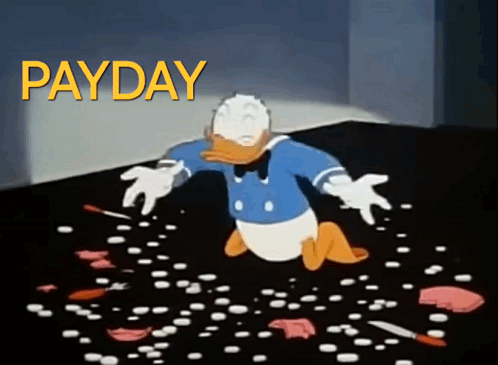 Donald Duck Laying On Ground With Word Payday GIF