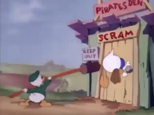 Donald Duck Pushing Hammer Into Door Saying Scram