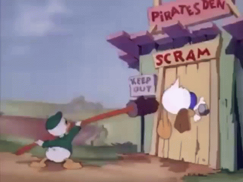 Donald Duck Pushing Hammer Into Door Saying Scram