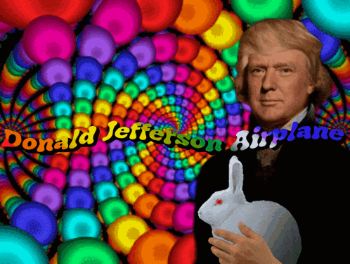 donald jefferson is holding a white rabbit in front of a colorful spiral