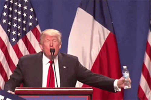 Donald Trump Is Giving A Speech At A Podium While Holding A Water Bottle GIF