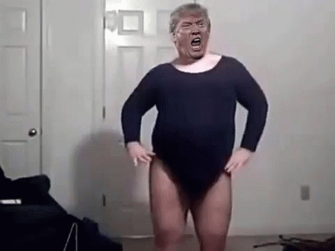 Donald Trump Is Wearing A Leotard And Making A Funny Face While Standing In A Room . GIF