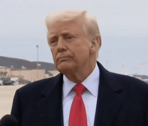 Donald Trump Is Wearing A Suit And Red Tie While Talking Into A Microphone . GIF