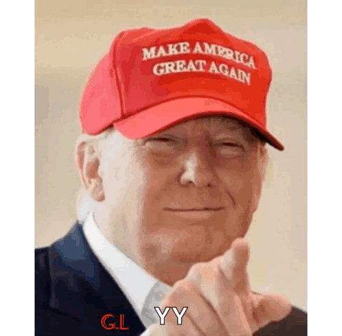 Donald Trump Wearing Make America Great Again Hat and Pointing at Camera