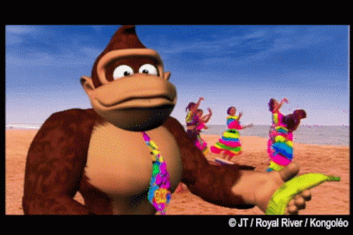Donkey Kong Standing On Beach Holding Banana And Dancing GIF