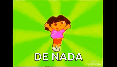Dora The Explorer Is Jumping In The Air On A Green Background With The Words `` De Nada '' . GIF