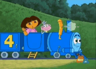 Dora The Explorer Is Riding A Blue Train With The Number Four On The Side GIF