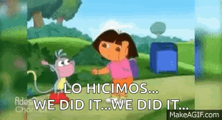 Dora The Explorer Is Standing Next To A Monkey And Says `` We Did It ... We Did It . '' GIF