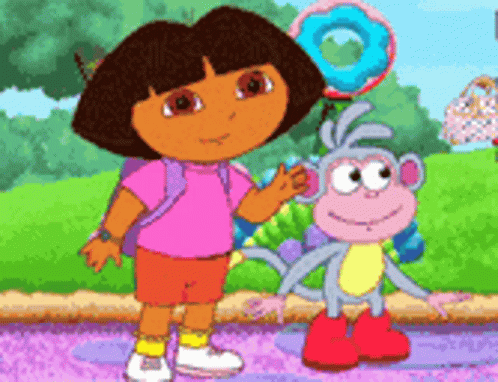 Dora The Explorer Is Standing Next To A Monkey Holding A Lollipop GIF