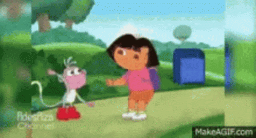 Dora The Explorer Is Standing Next To A Monkey On A Dirt Path . GIF