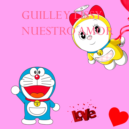 Doraemon And Dorami On Pink Background Saying Guilley Lissy Nuestro Amor GIF