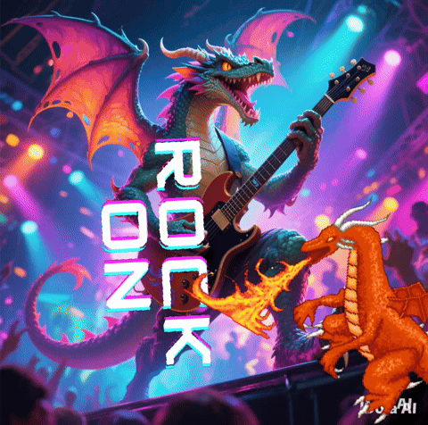 Dragon Playing Guitar for Crowd Saying Rock