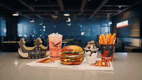 Dragon Word on Cup Next to Burger
