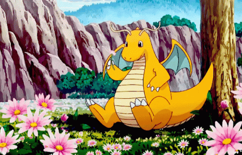 Dragonite Smells Fowers In Garden GIF