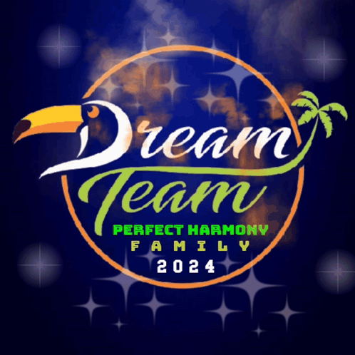 Dream Team Perfect Harmony Family 2024 Logo With A Toucan And Palm Trees GIF