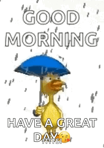 Duck Holding Blue Umbrella in Rain