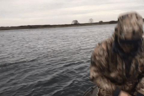 Duck Hunting Man In Decoy Throws Bait GIF