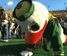 Duck Mascot Crawling On Grass GIF