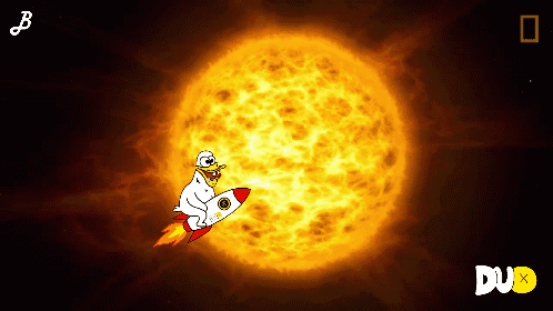 Duck Riding Rocket in Front of Burning Sun