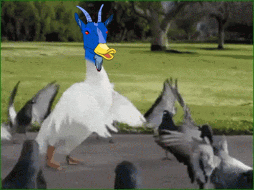 Duck with Goat Head Surrounded by Pigeons