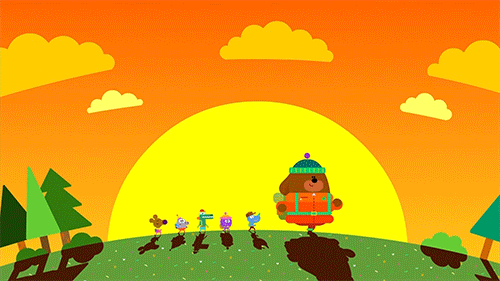 Dugee And Friends Hiking Under Orange Sky GIF