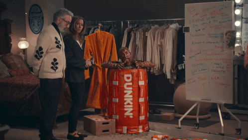 Dunkin' Barrel With Man Statue GIF