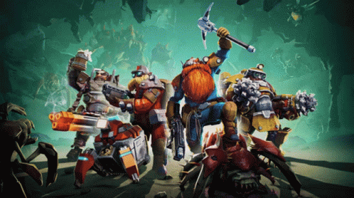 Dwarves in Cave Holding Weapons and Hammer