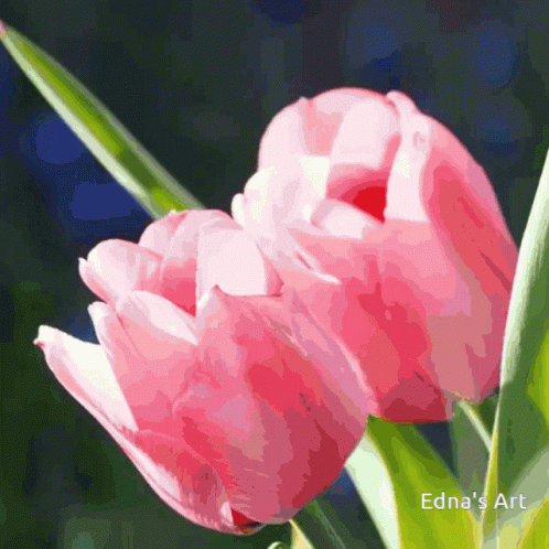 Edna 'S Art Shows A Pink Flower With Green Leaves GIF