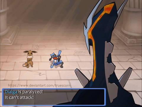 Eevee And Lucario Are In A Video Game Where Dialga Is Paralyzed It Can 'T Attack GIF