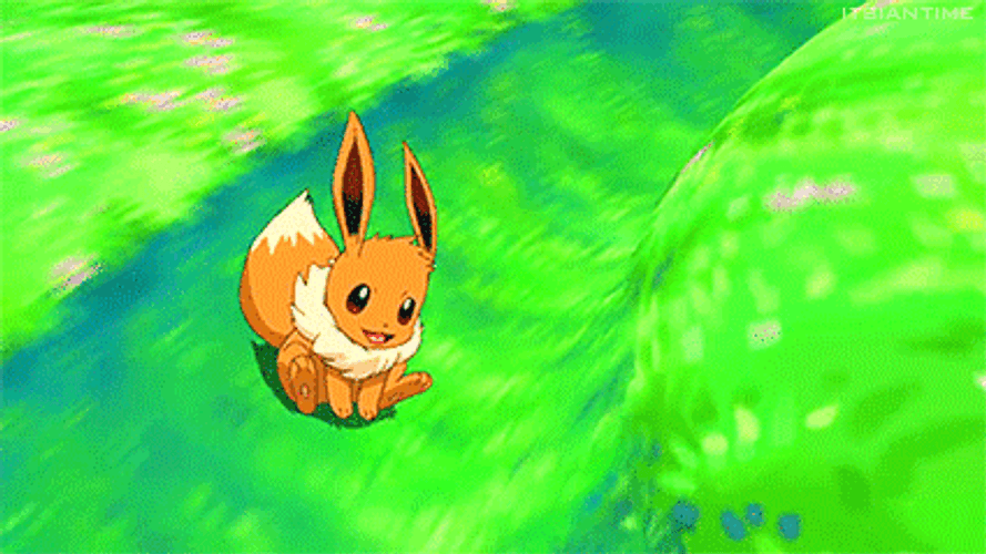 Eevee Pokemon Happy Grass Field Slide Going Down GIF