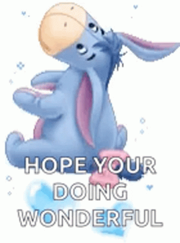 Eeyore From Winnie The Pooh Is Sitting On A Blue Balloon With The Words `` Hope Your Doing Wonderful '' . GIF