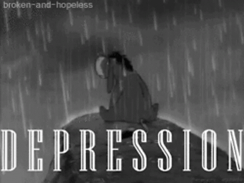 Eeyore Is Sitting On A Rock In The Rain With The Word Depression Written Below Him GIF