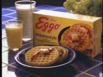 Eggo Waffles Box, Plate of Waffles, Glass of Milk