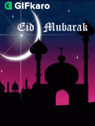 Eid Mubarak Card With Mosque and Crescent Moon